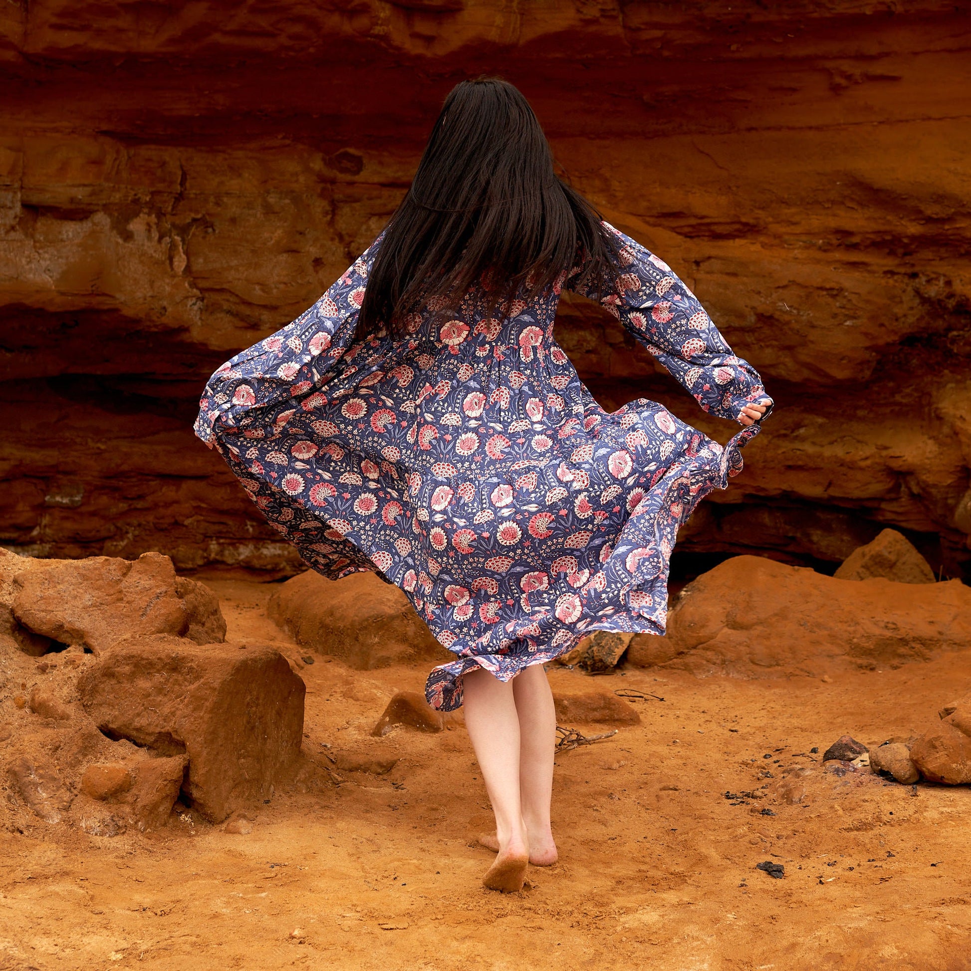'Peach Blossoms in Blue' 100% Cotton Maxi Dress