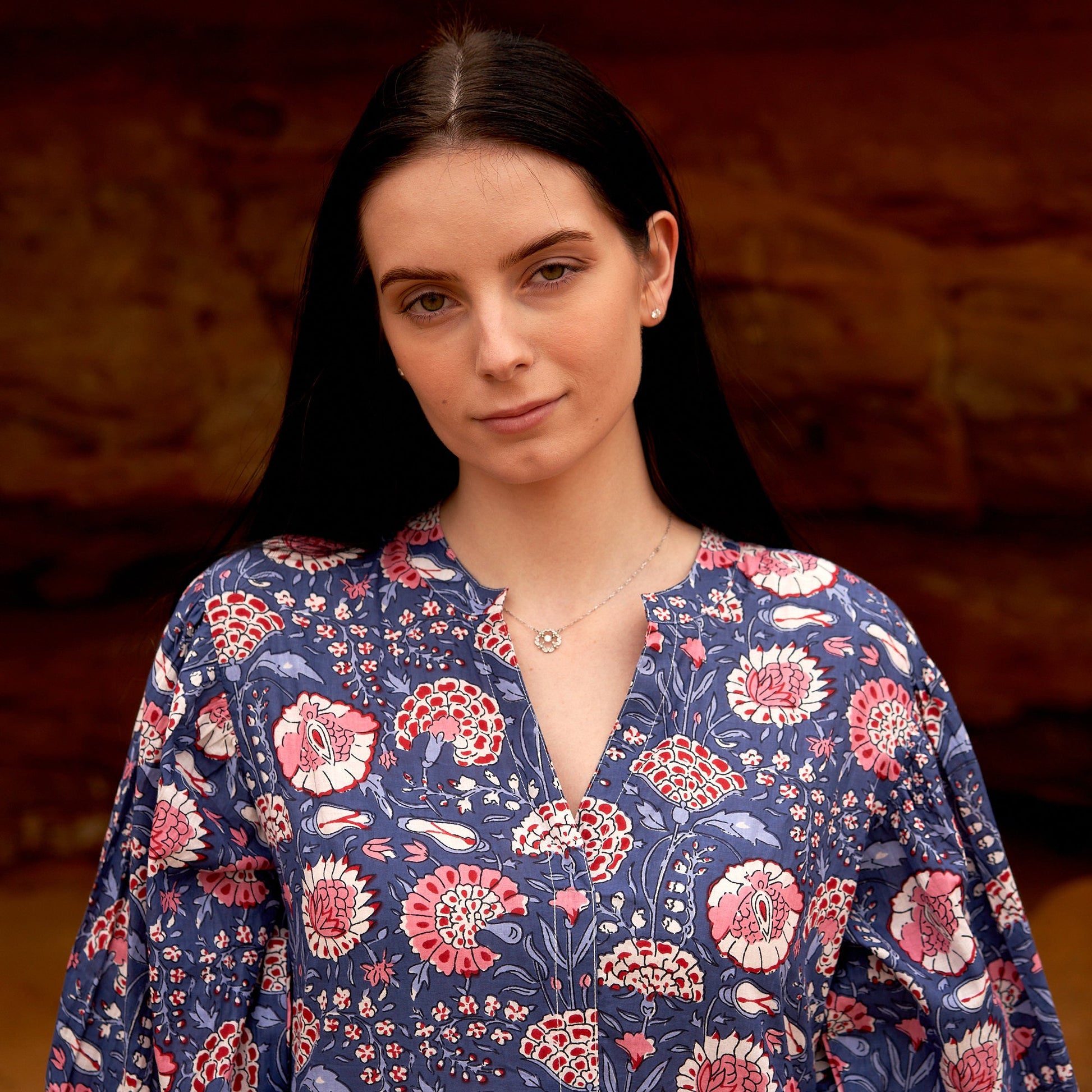 'Peach Blossoms in Blue' 100% Cotton Maxi Dress