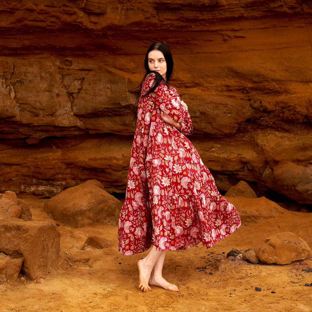 'Fiery Blossoms' 100% Cotton Maxi Dress