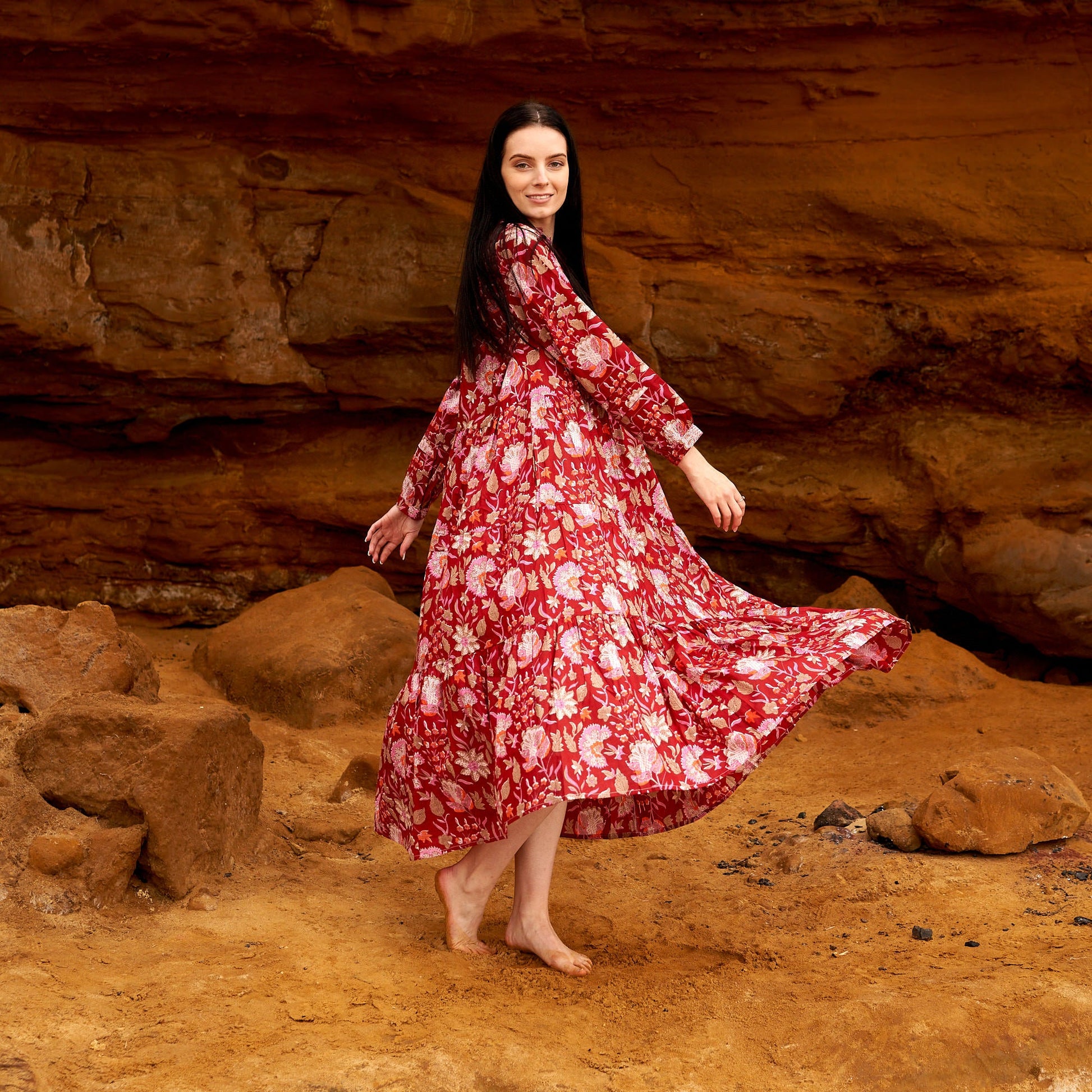 'Fiery Blossoms' 100% Cotton Maxi Dress