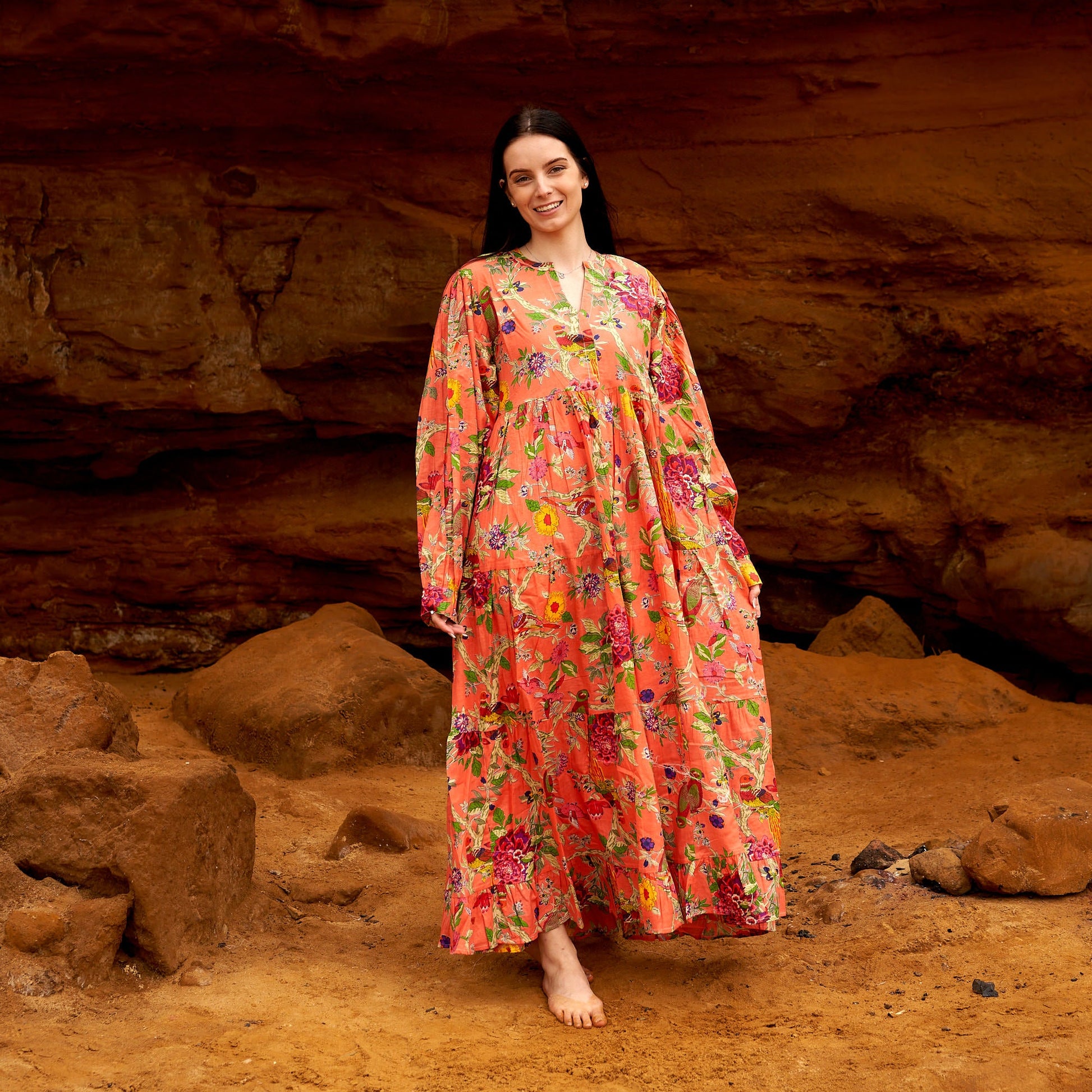 'Citrine Blooms' 100% Cotton Maxi Dress