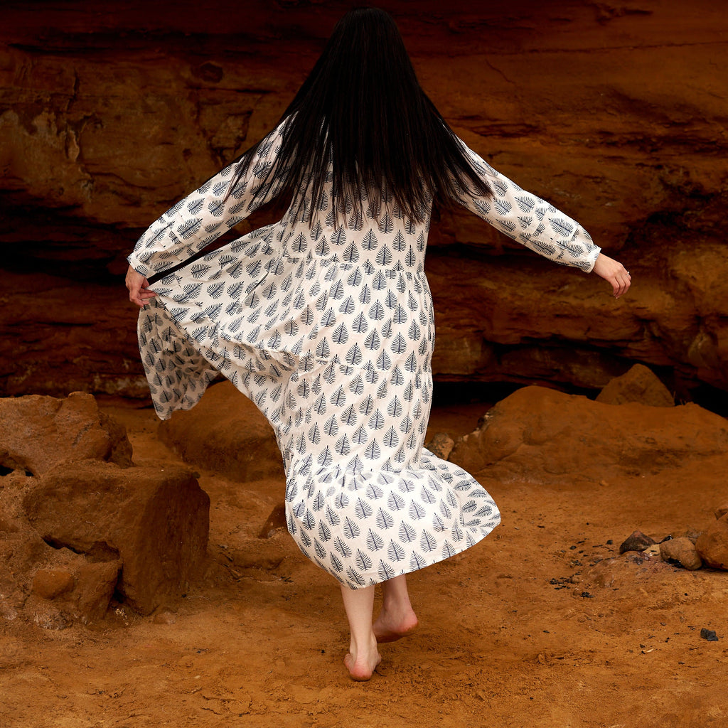 'Azure Leaves' 100% Cotton Maxi Dress