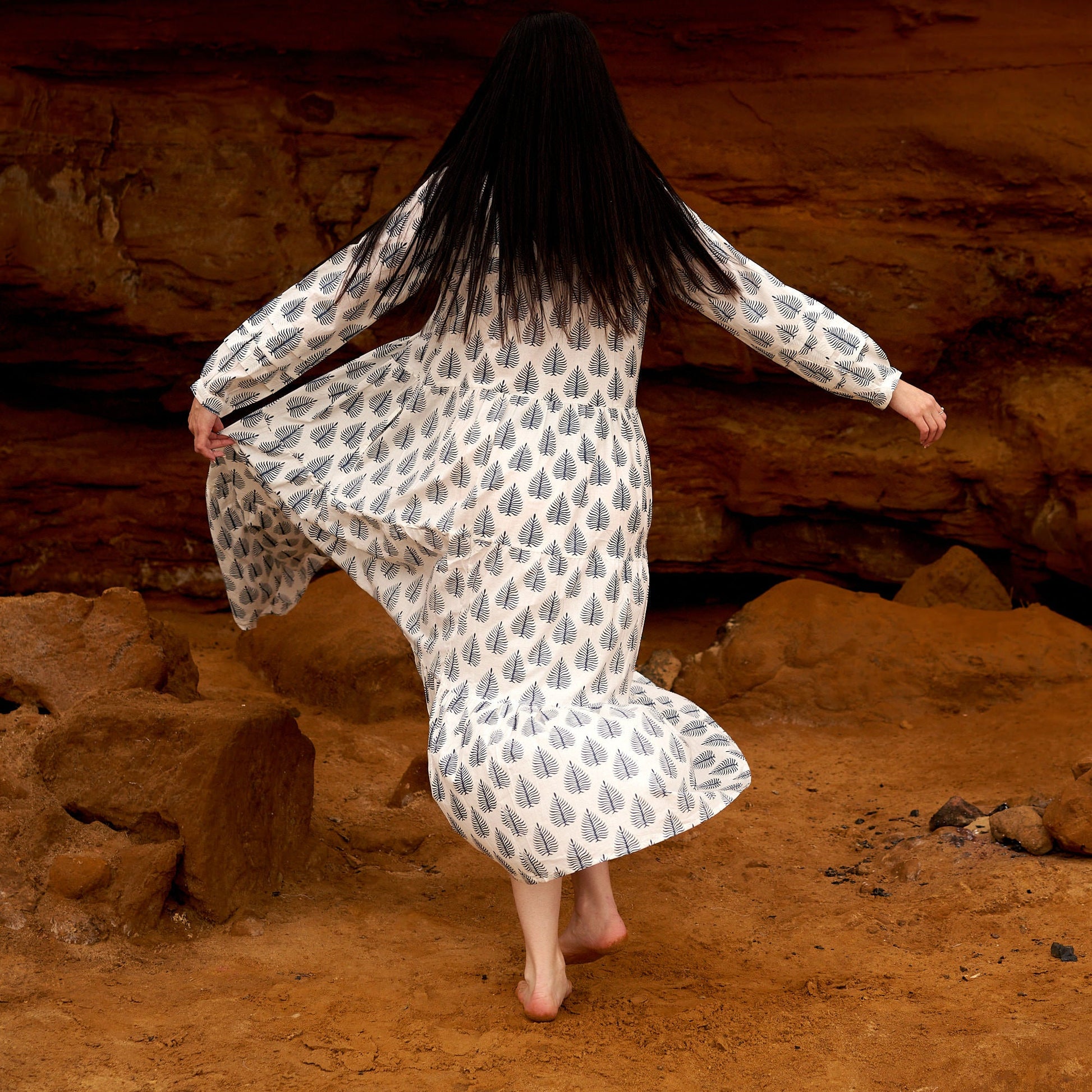 'Azure Leaves' 100% Cotton Maxi Dress