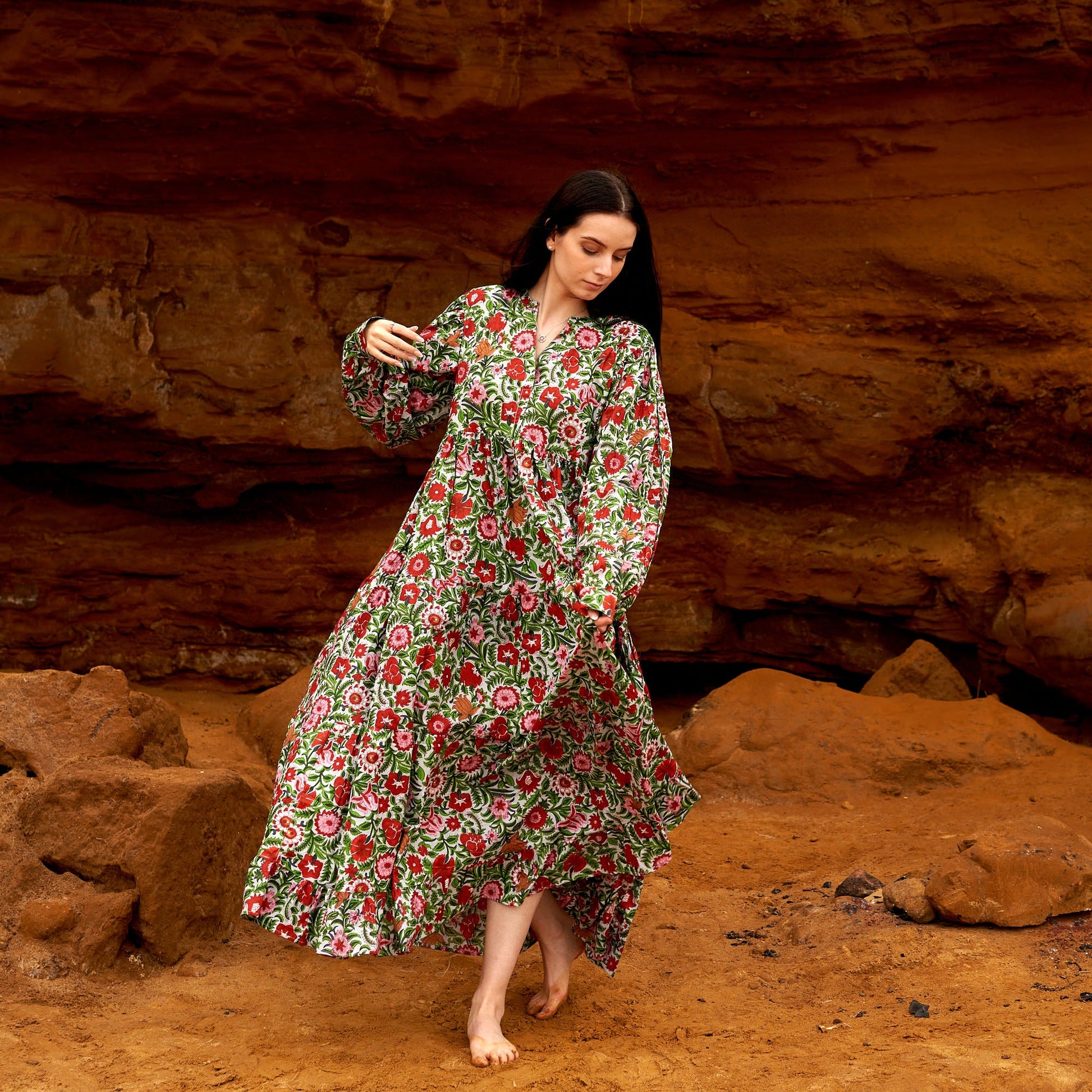 'Vermilion Blooms' 100% Cotton Maxi Dress