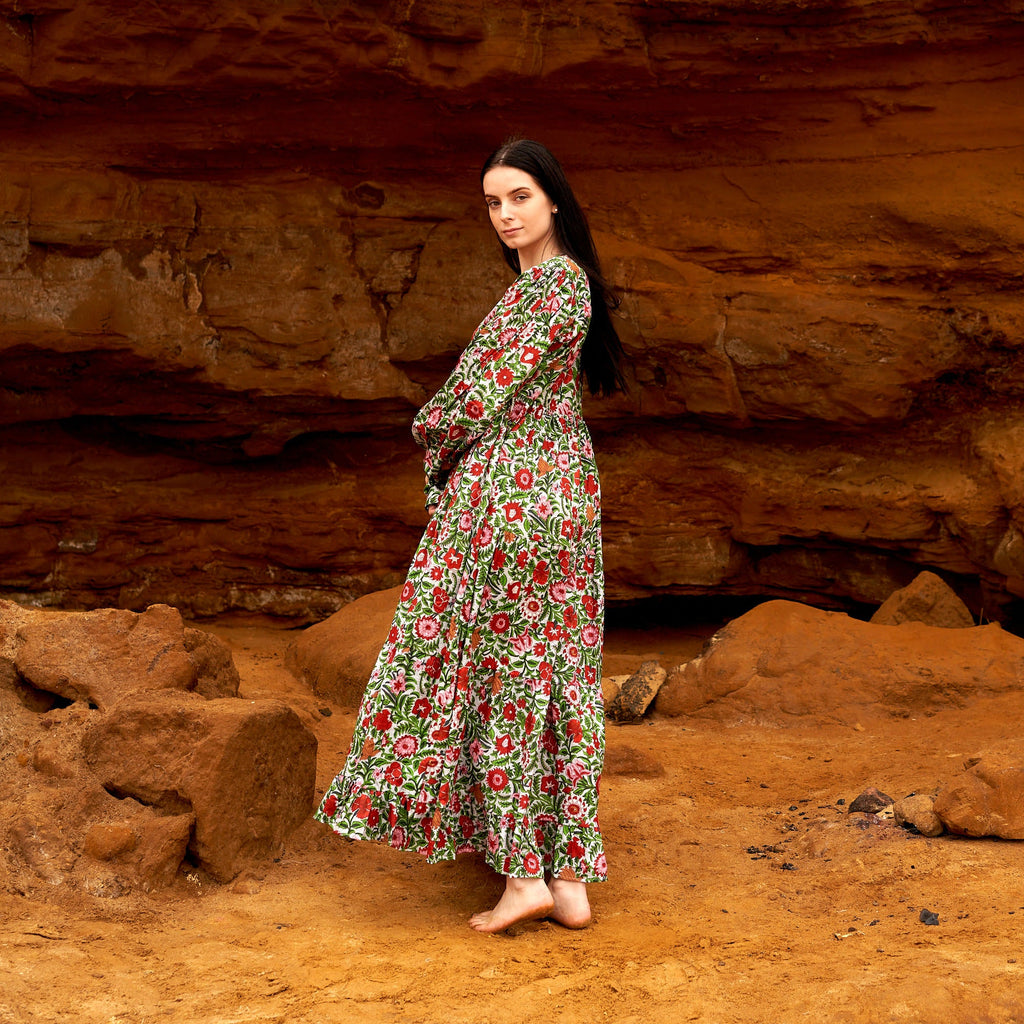 'Vermilion Blooms' 100% Cotton Maxi Dress