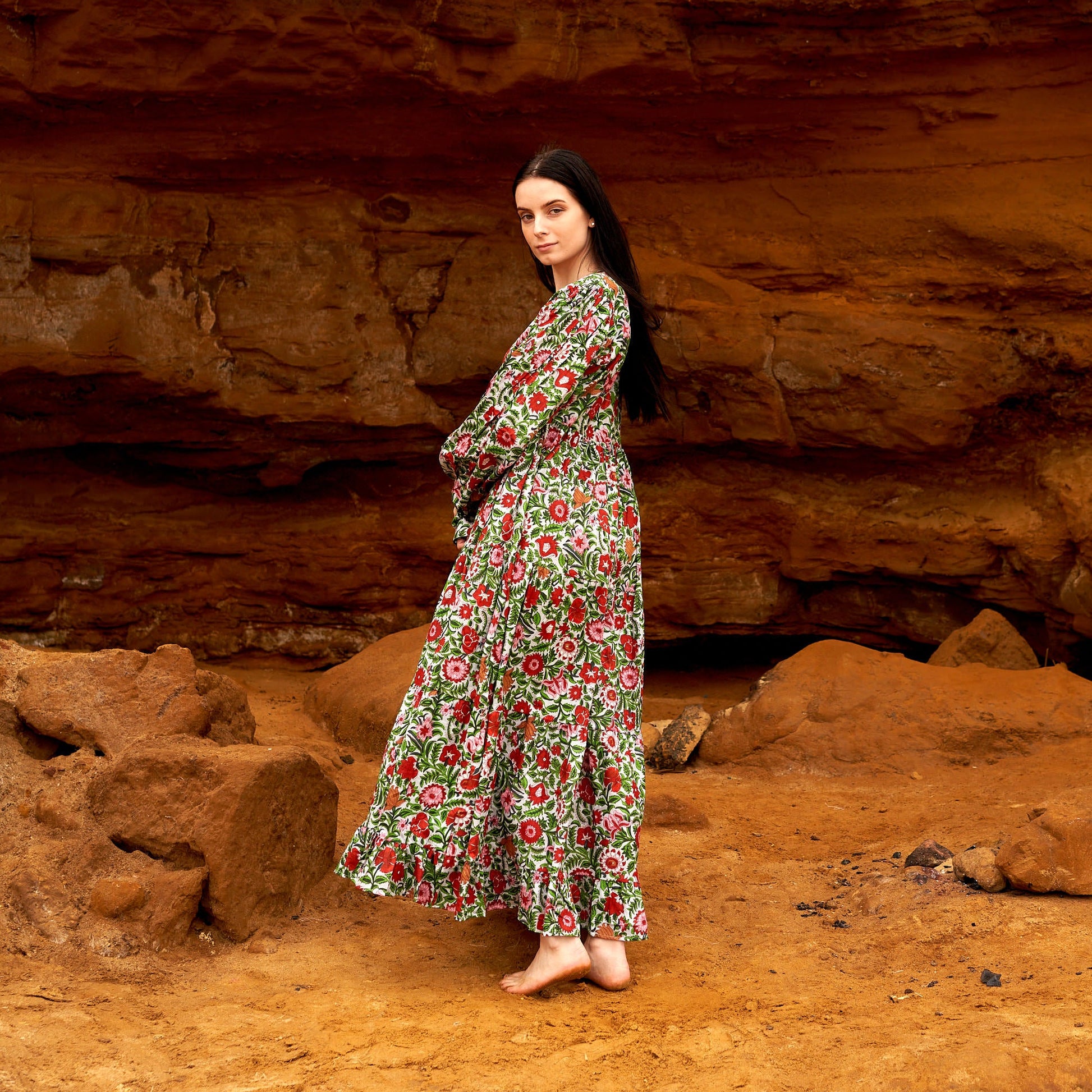 'Vermilion Blooms' 100% Cotton Maxi Dress