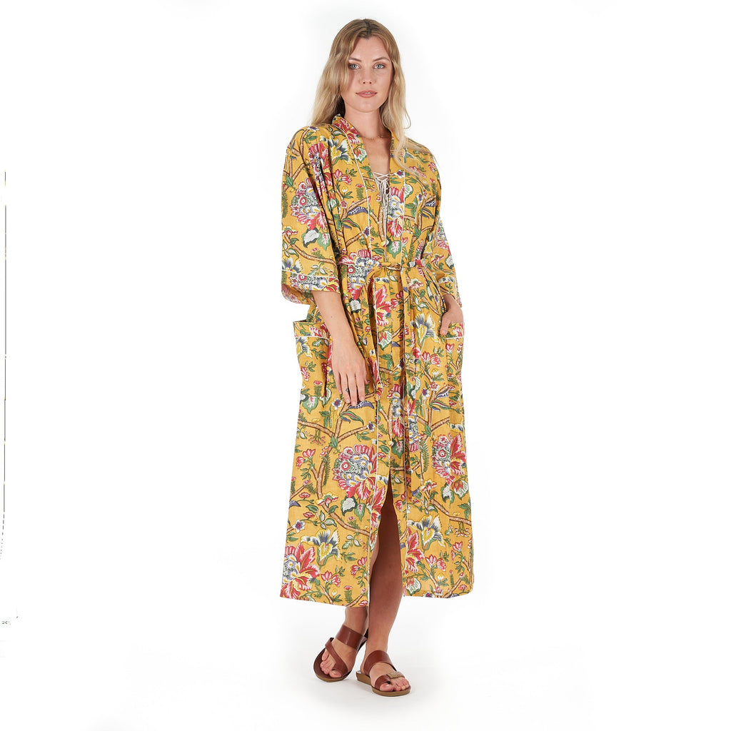 'Mustard Mystique' 100% Cotton Kimono Robe