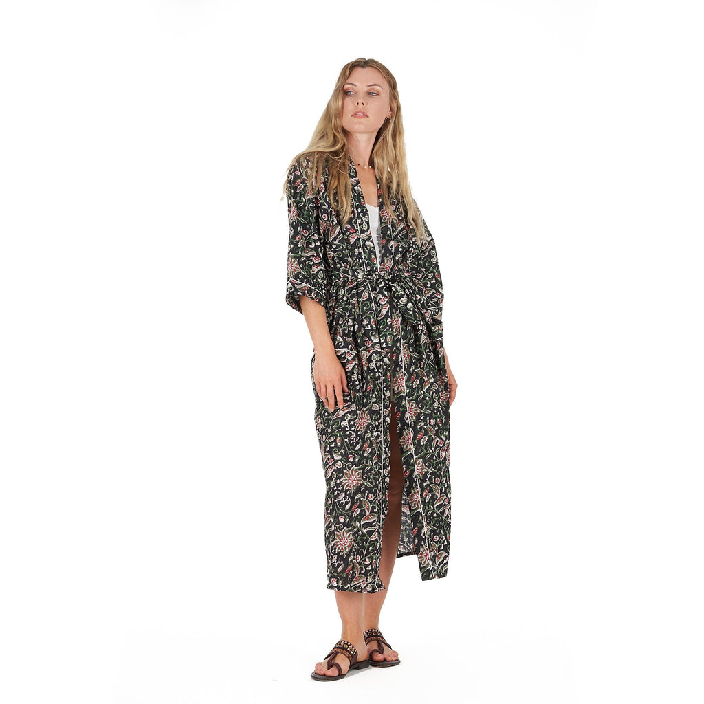 'Noir Oasis' 100% Cotton Kimono Robe
