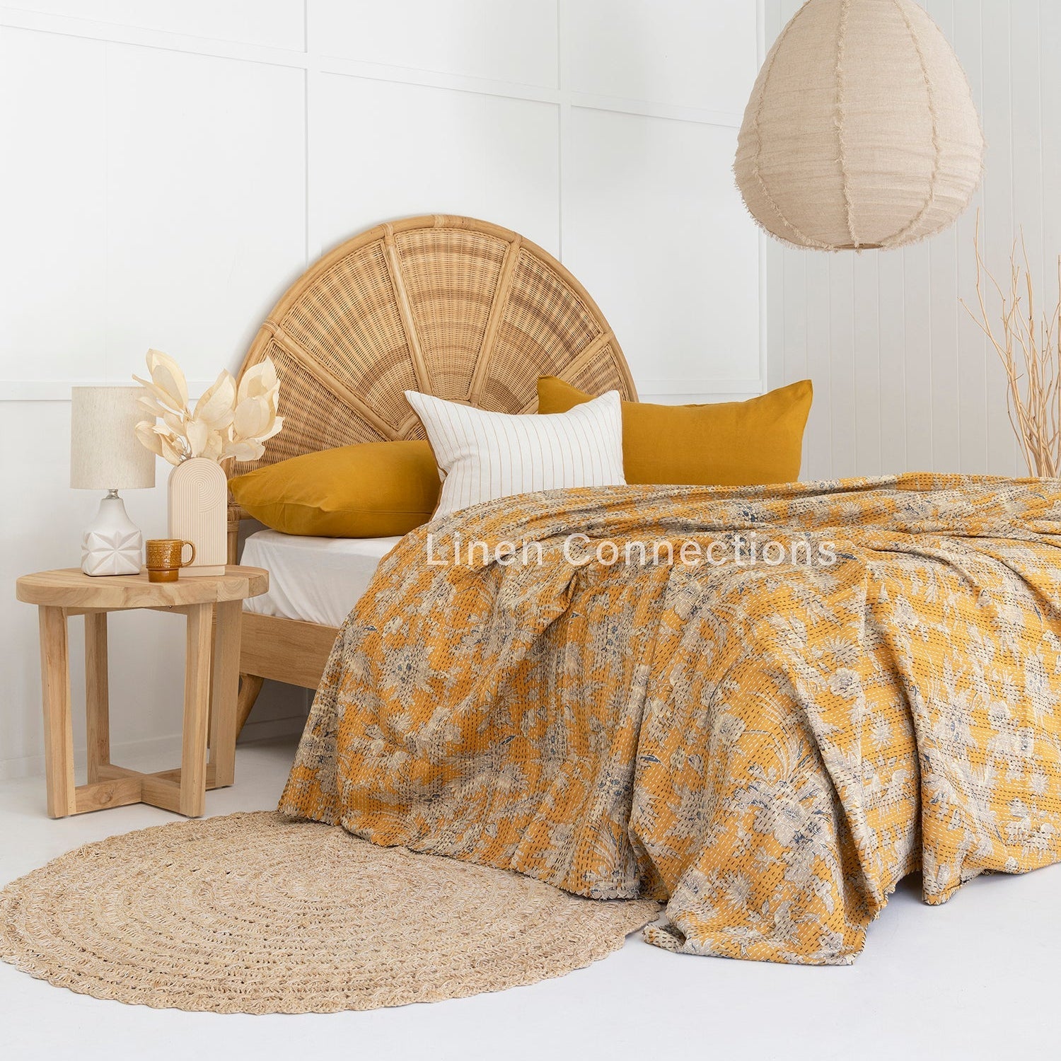 Linen Connections Indian Kantha Quilt - Yellow Mush