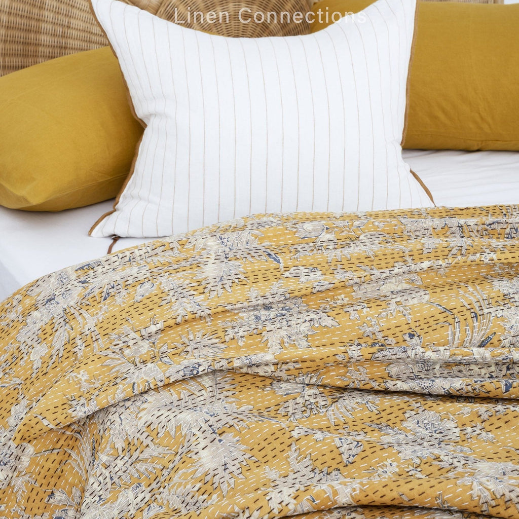 Linen Connections Indian Kantha Quilt - Yellow Mush
