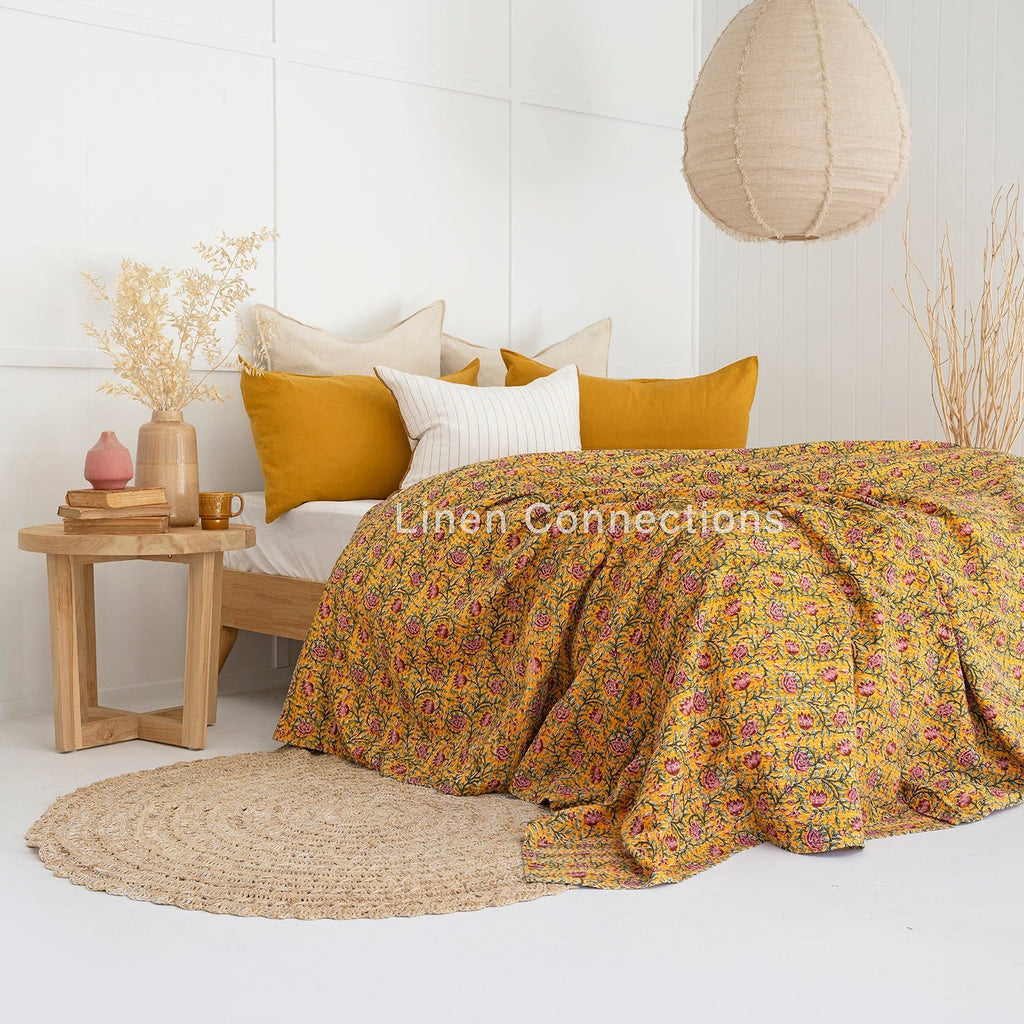 Linen Connections Indian Kantha Quilt - Yellow Twist