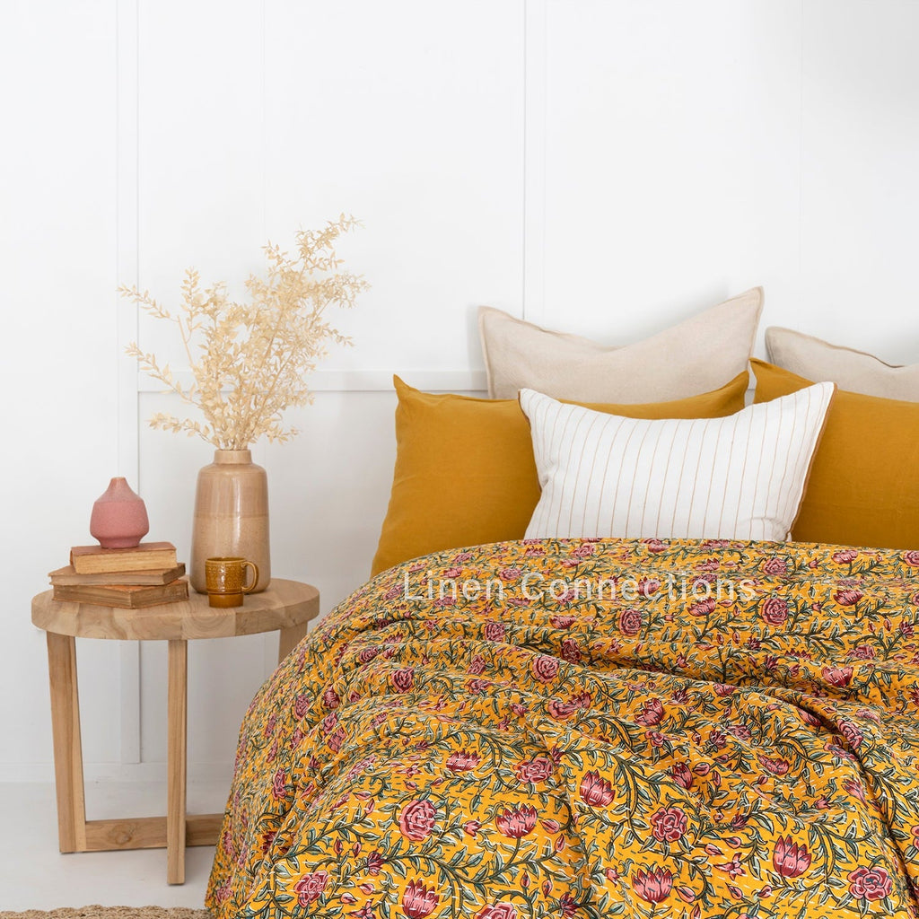 Linen Connections Indian Kantha Quilt - Yellow Twist