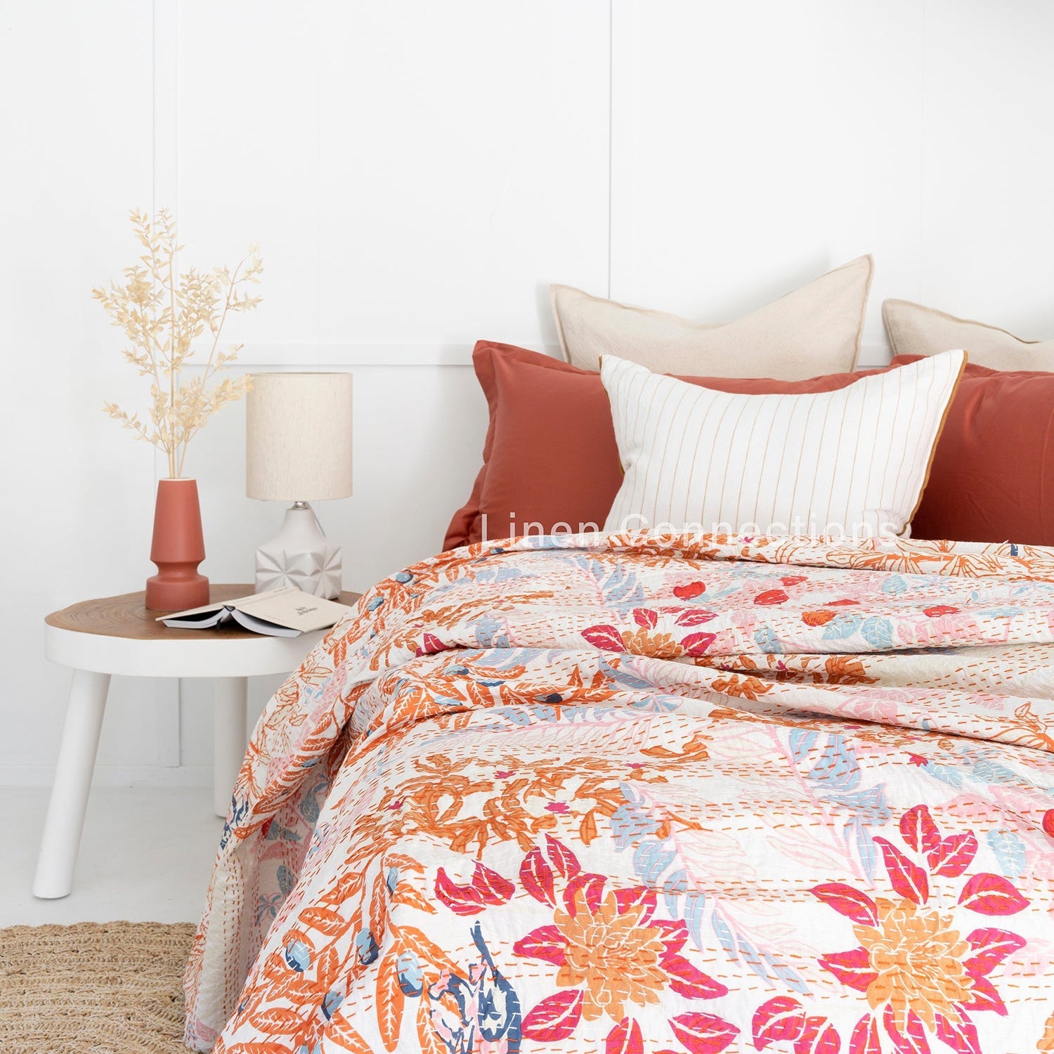 Linen Connections Indian Kantha Quilt - White Pastures