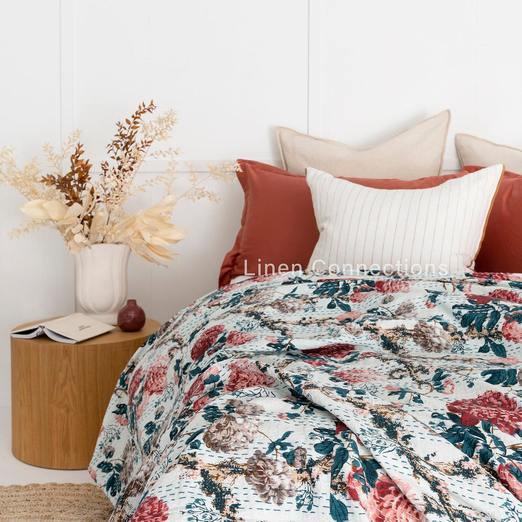 Linen Connections Indian Kantha Quilt - White Daisies