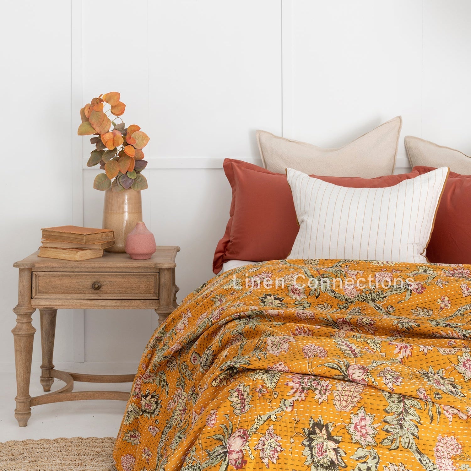 Linen Connections Indian Kantha Quilt - Mustard