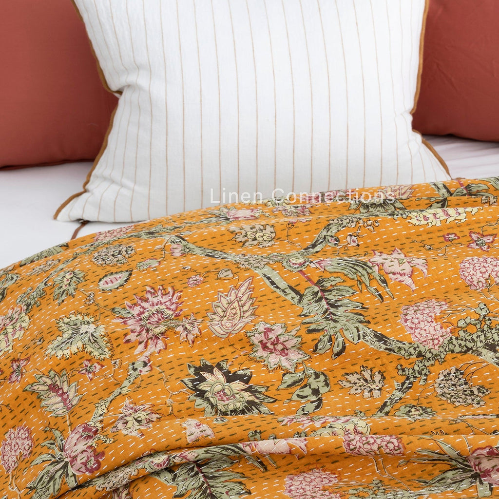 Linen Connections Indian Kantha Quilt - Mustard