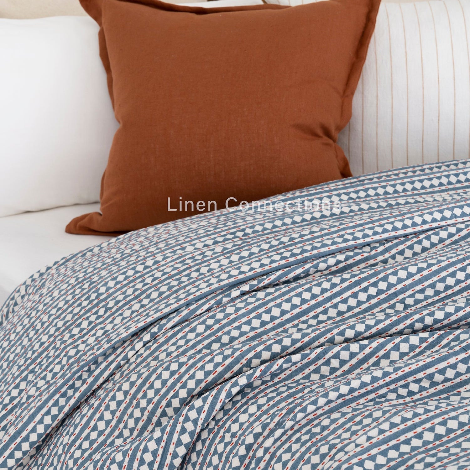 Linen Connections Indian Kantha Quilt - Blue Mist