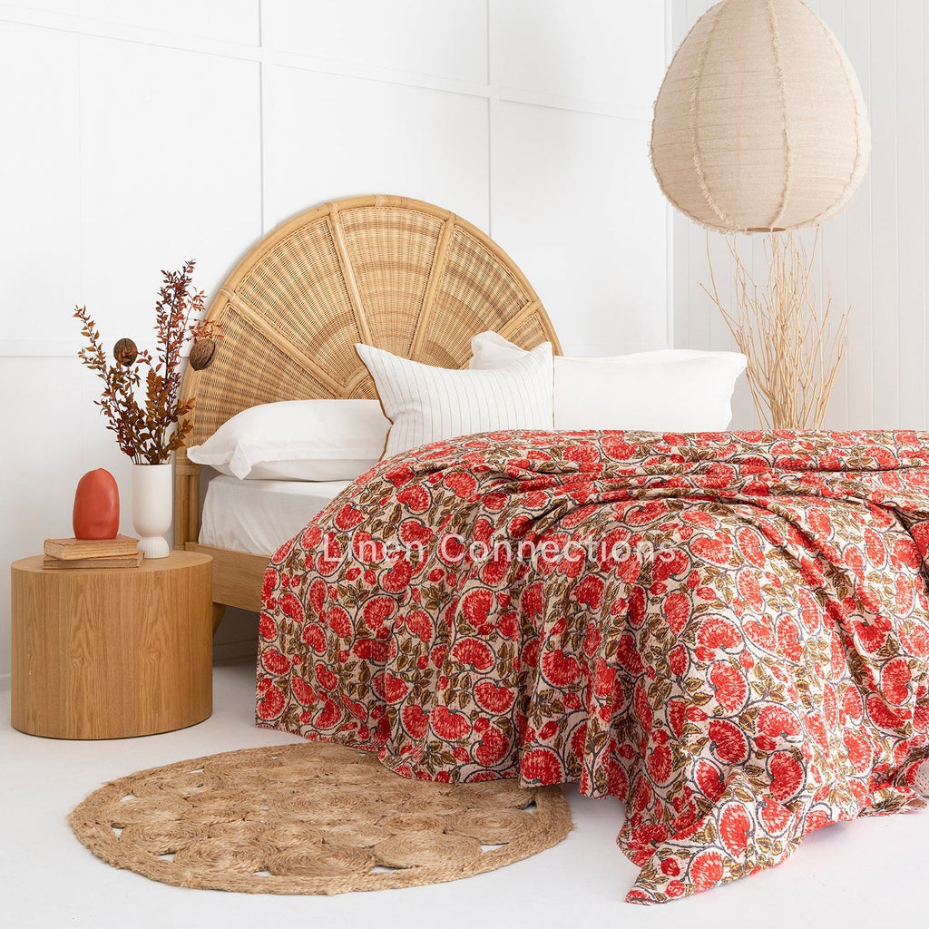 Linen Connections Indian Kantha Quilt - Red Blossom