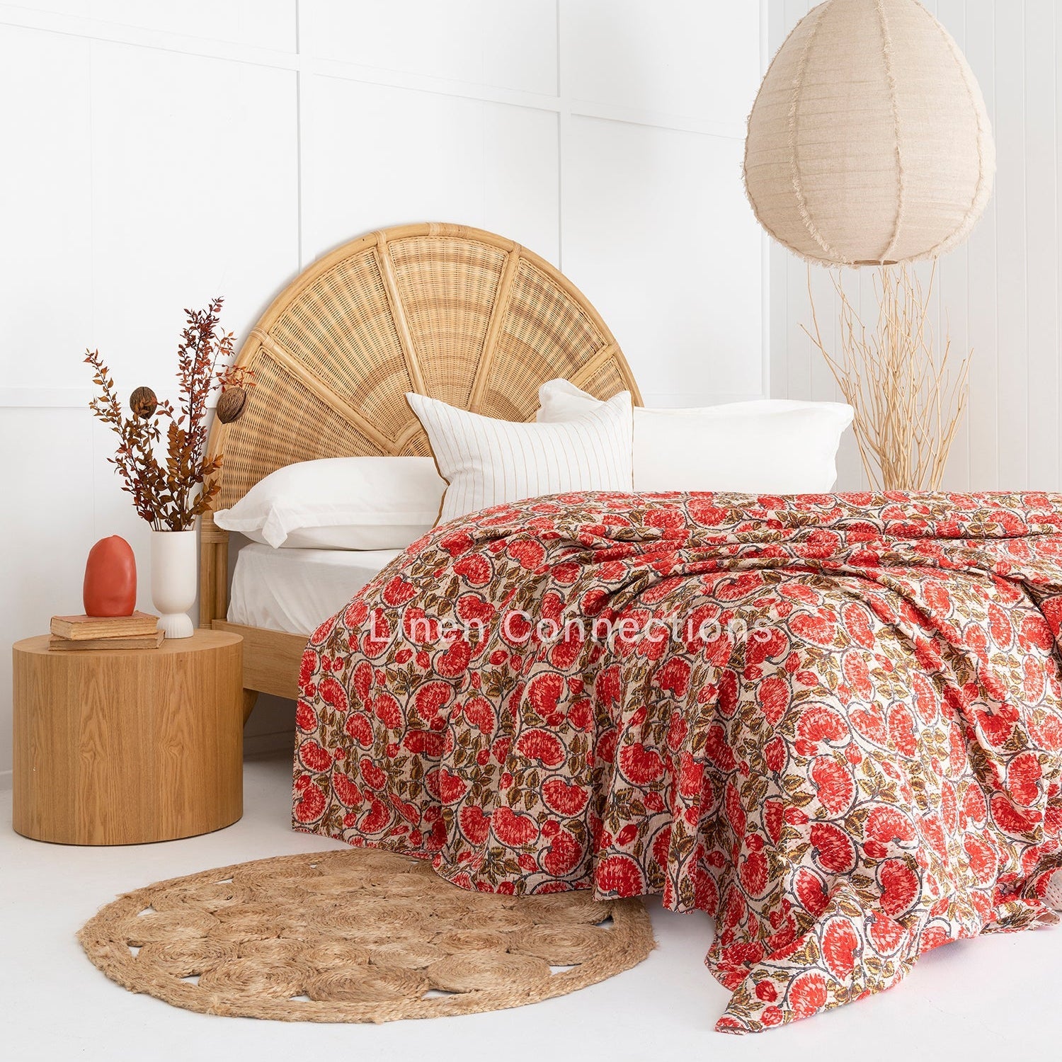 Linen Connections Indian Kantha Quilt - Red Blossom