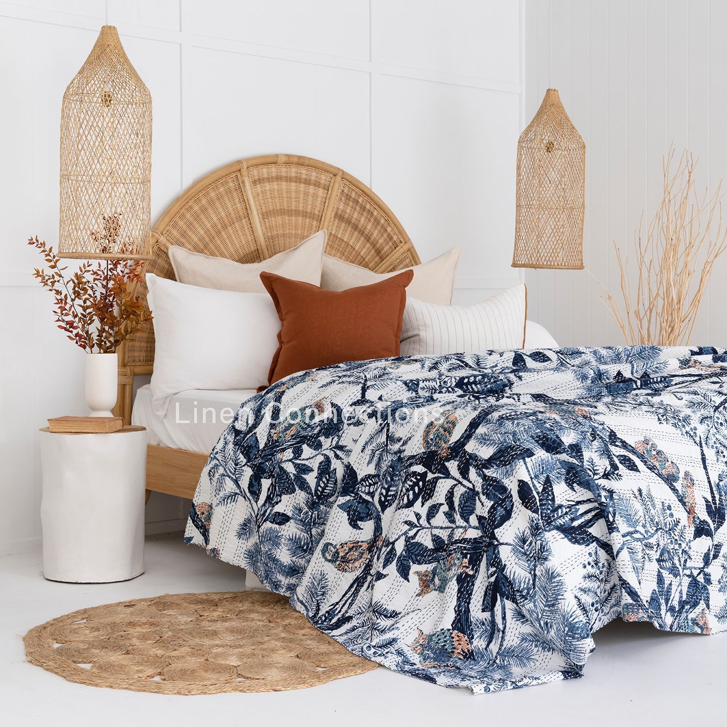 Linen Connections Indian Kantha Quilt - Blue Owl