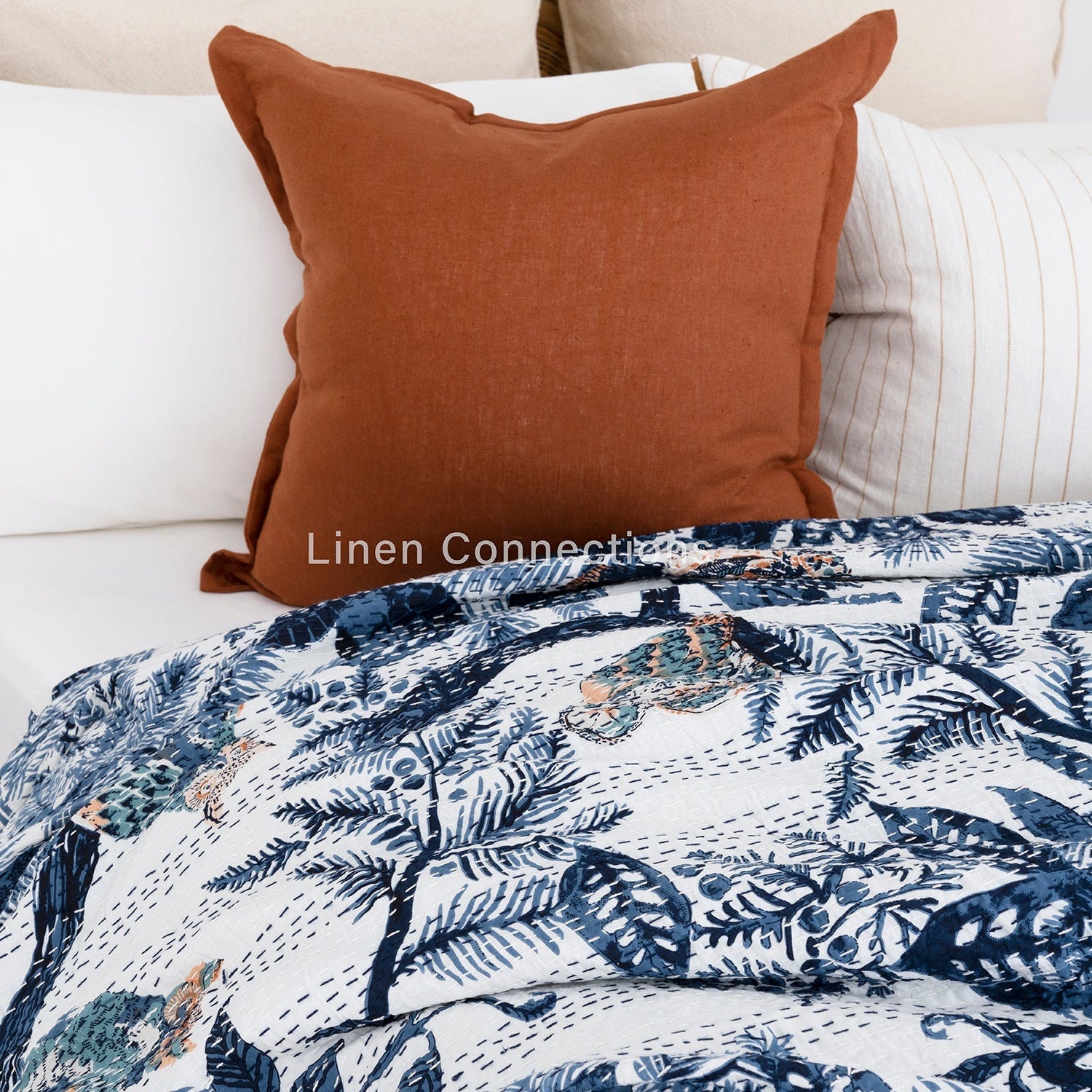 Linen Connections Indian Kantha Quilt - Blue Owl