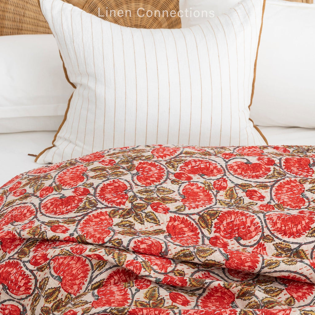 Linen Connections Indian Kantha Quilt - Red Blossom
