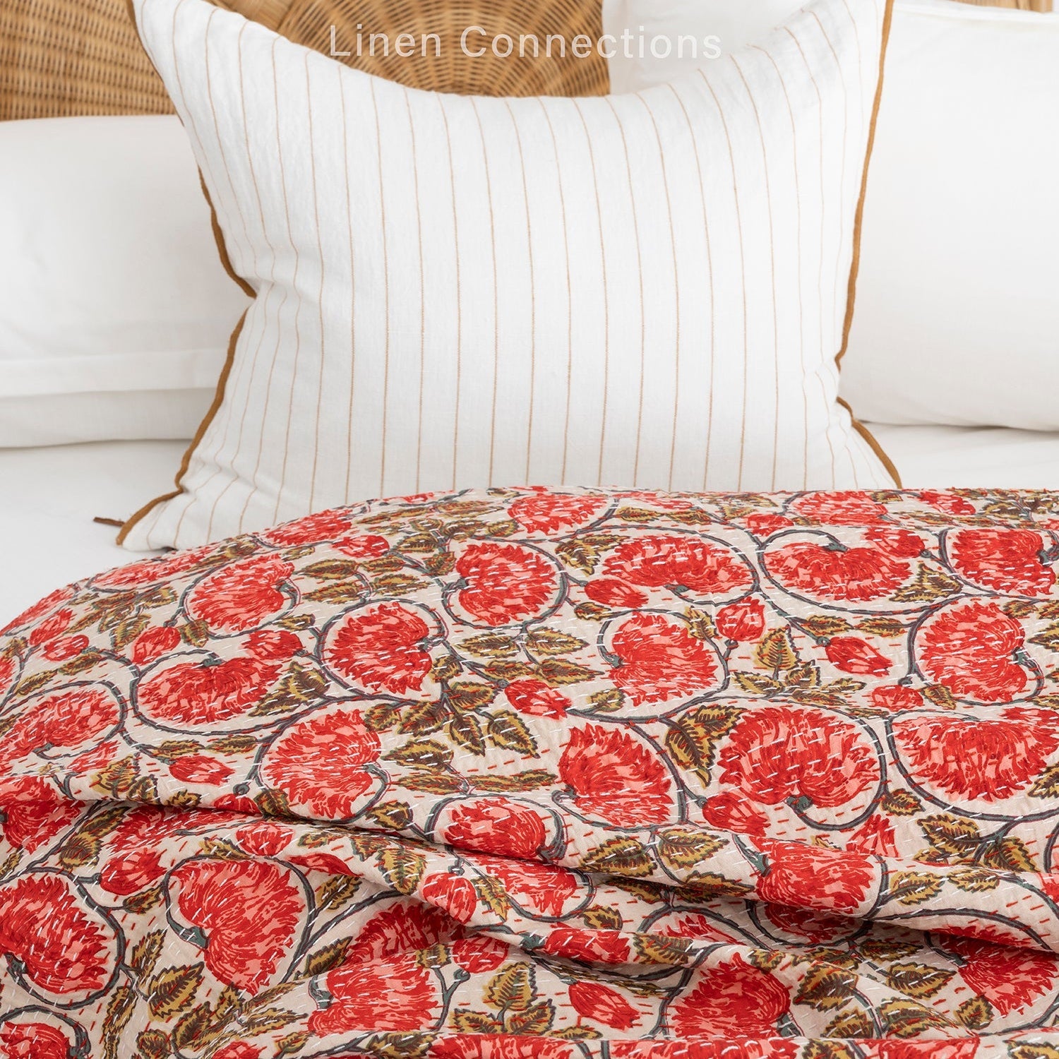 Linen Connections Indian Kantha Quilt - Red Blossom