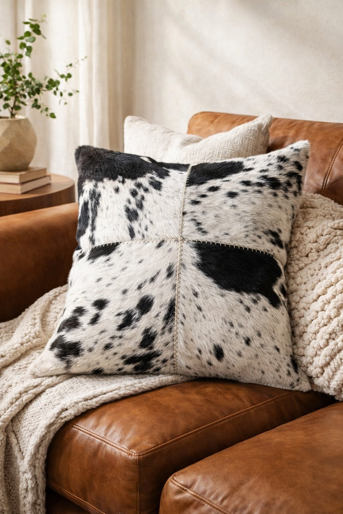 Black and white cowhide cushion cover made from genuine leather for glam rustic home decor