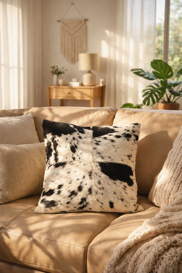 Handcrafted black & white cowhide leather cushion cover for farmhouse and modern interiors