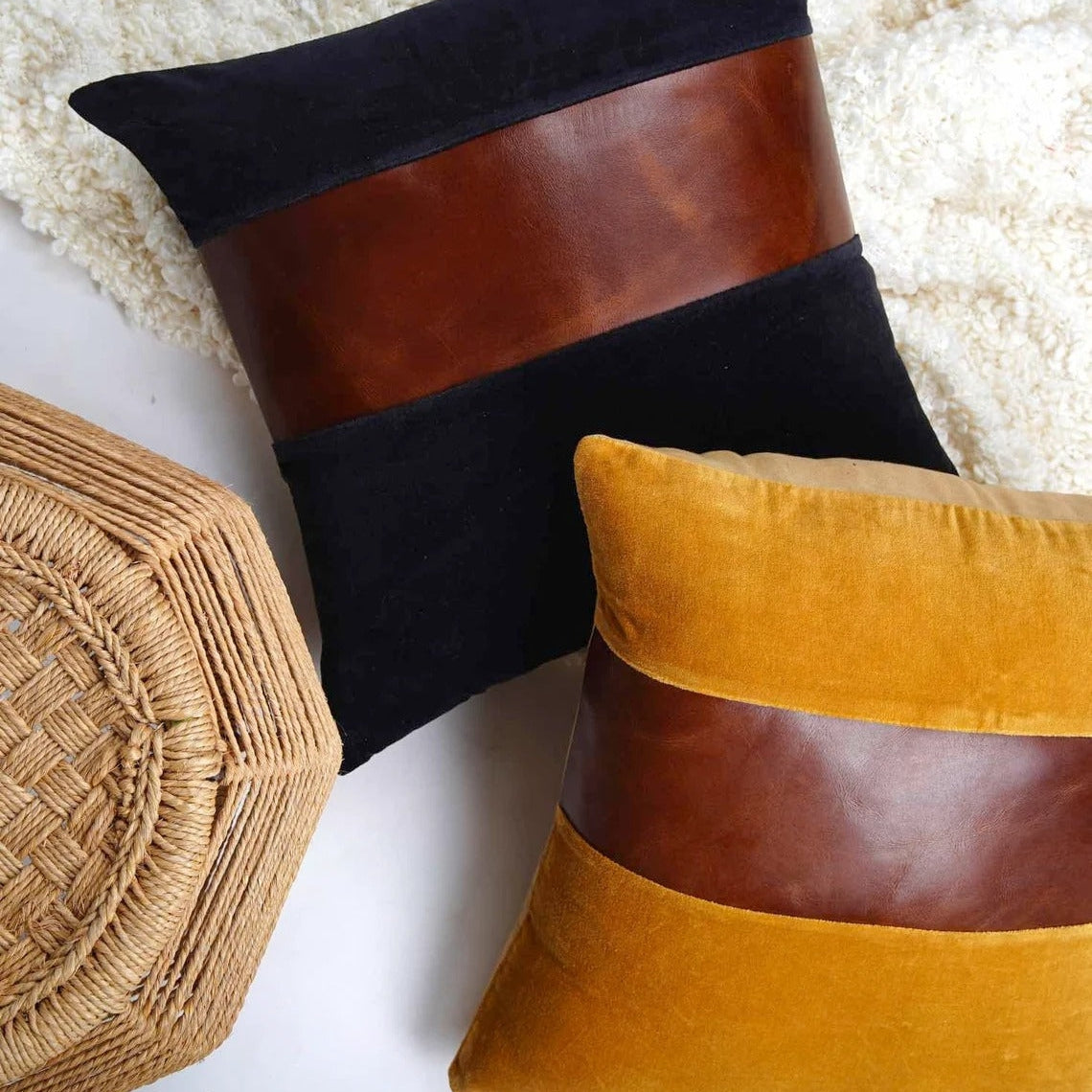 Genuine Tan Leather Cushion Cover - Vintage Mustard