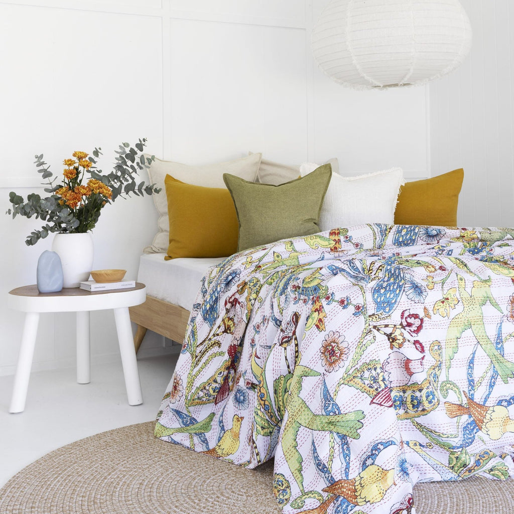 Indian Kantha Quilt Blanket Bedspread Throw Duvet - Peacock White