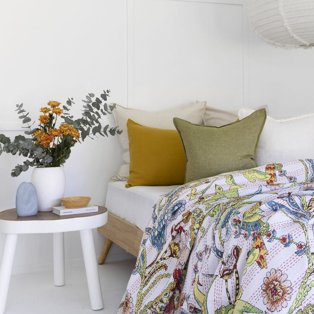 Indian Kantha Quilt Blanket Bedspread Throw Duvet - Peacock White