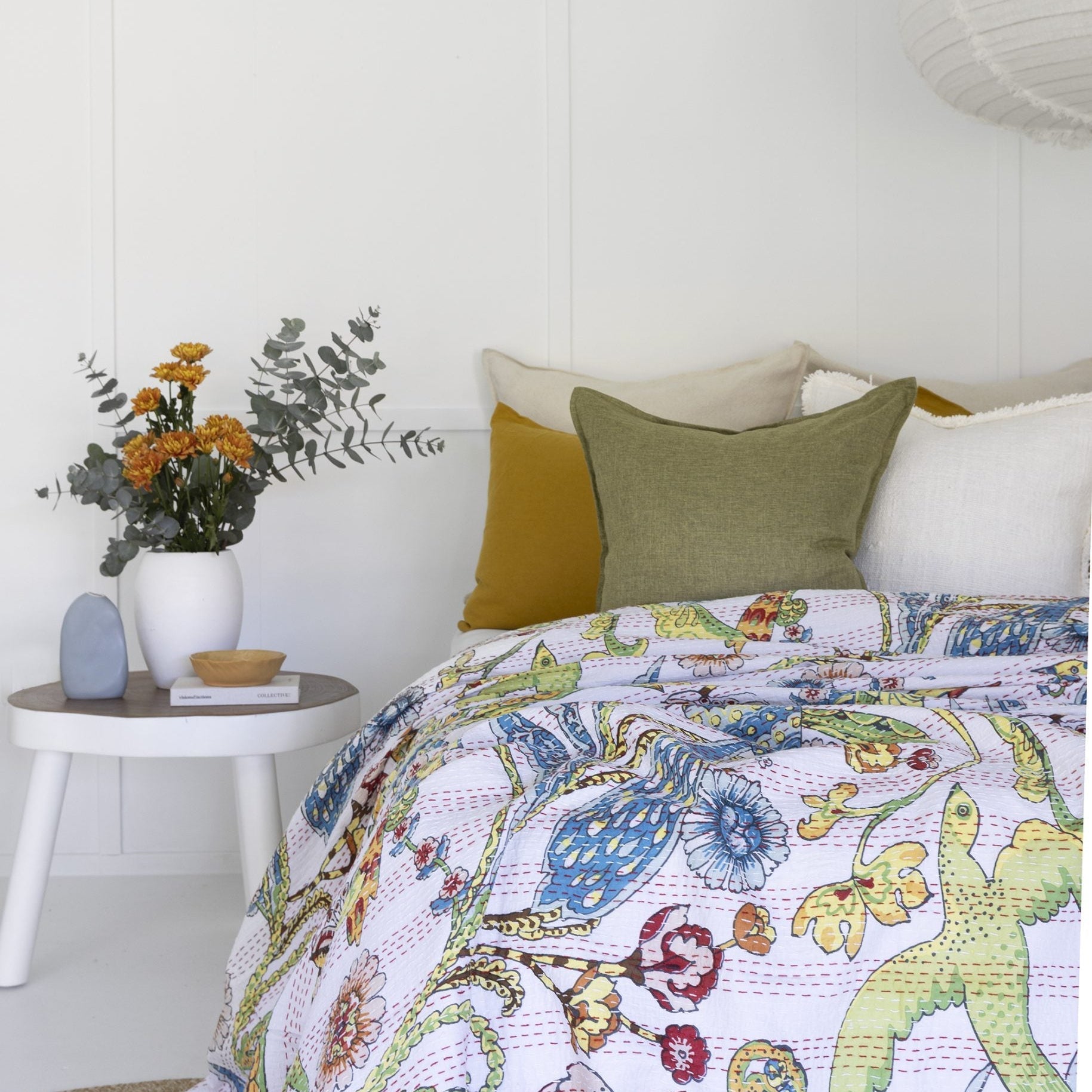 Indian Kantha Quilt Blanket Bedspread Throw Duvet - Peacock White