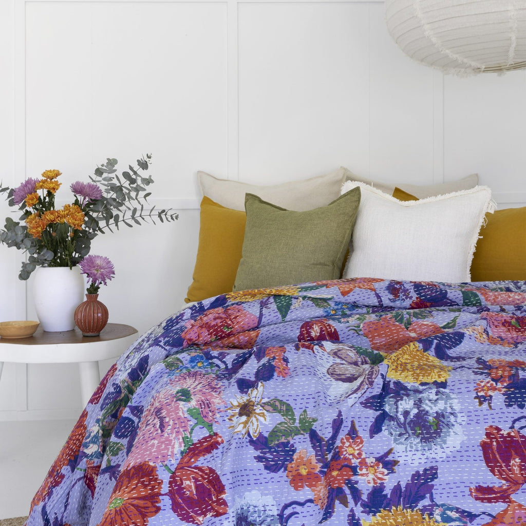 Indian Kantha Quilt Blanket Bedspread Throw Duvet - Anthro Purple