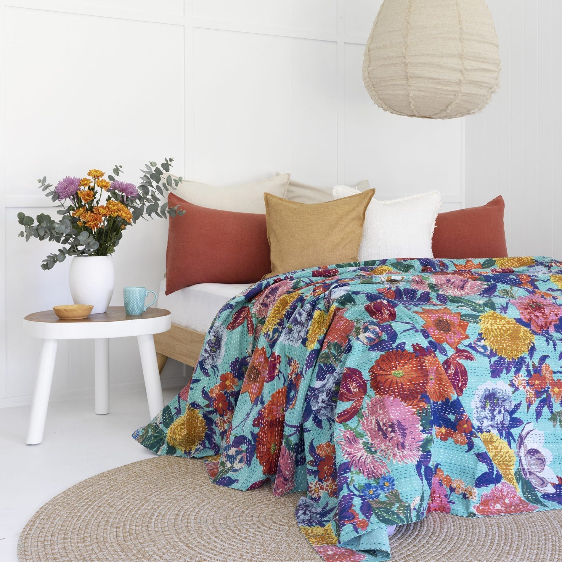 Indian Kantha Quilt Blanket Bedspread Throw Duvet - Anthro Green