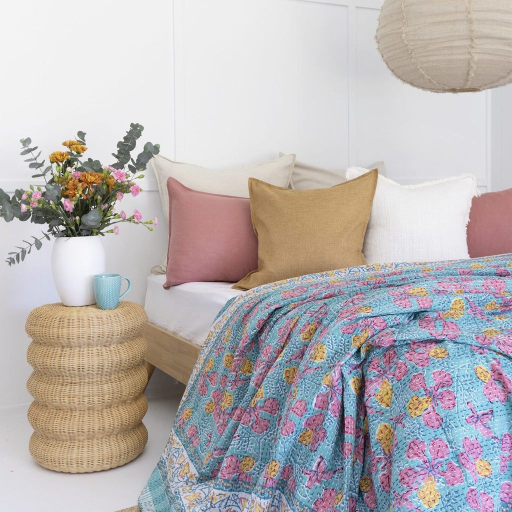 Indian Kantha Quilt Blanket Bedspread Throw Duvet - Block Print Floral