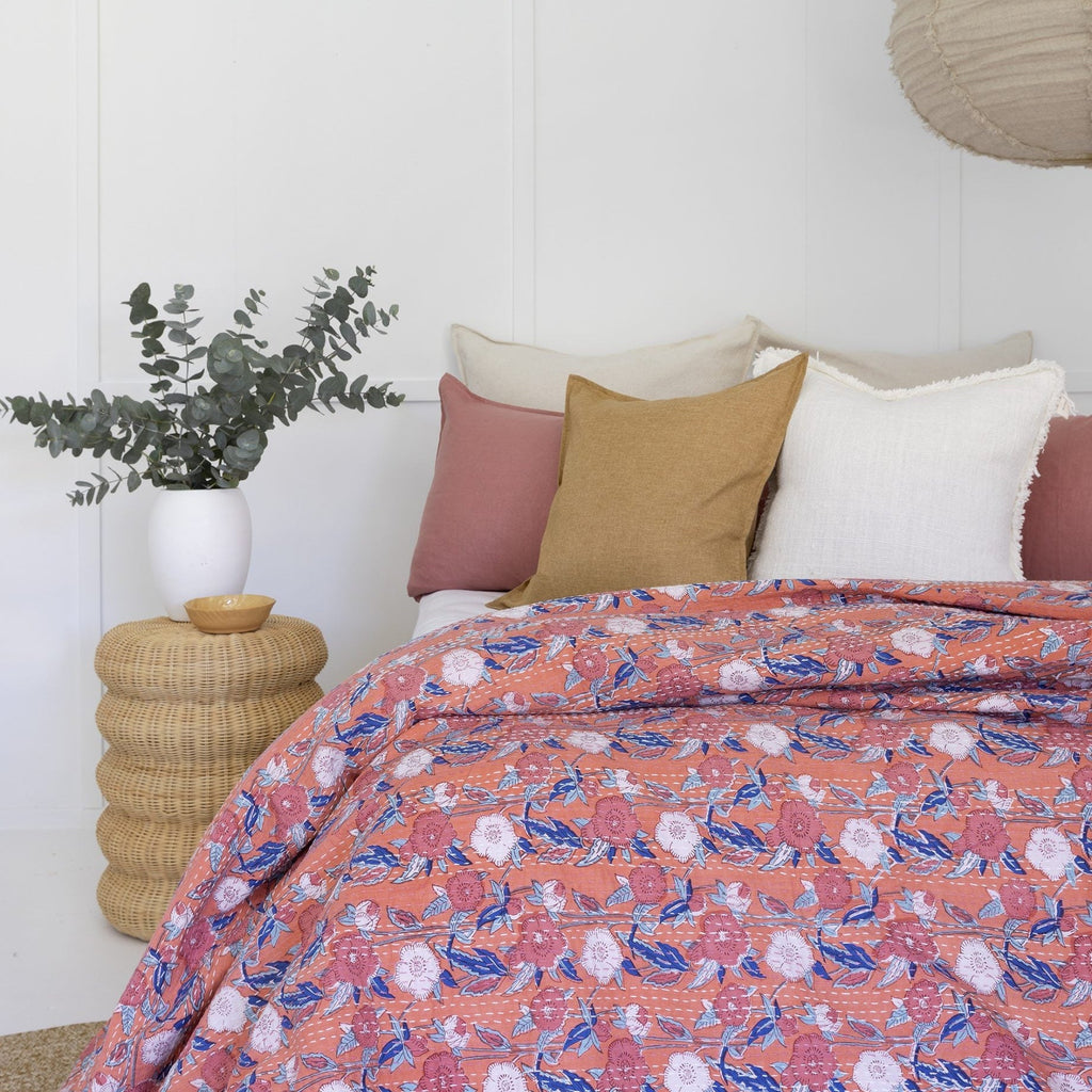 Indian Kantha Quilt Blanket Bedspread Throw Duvet - Floral Pinks