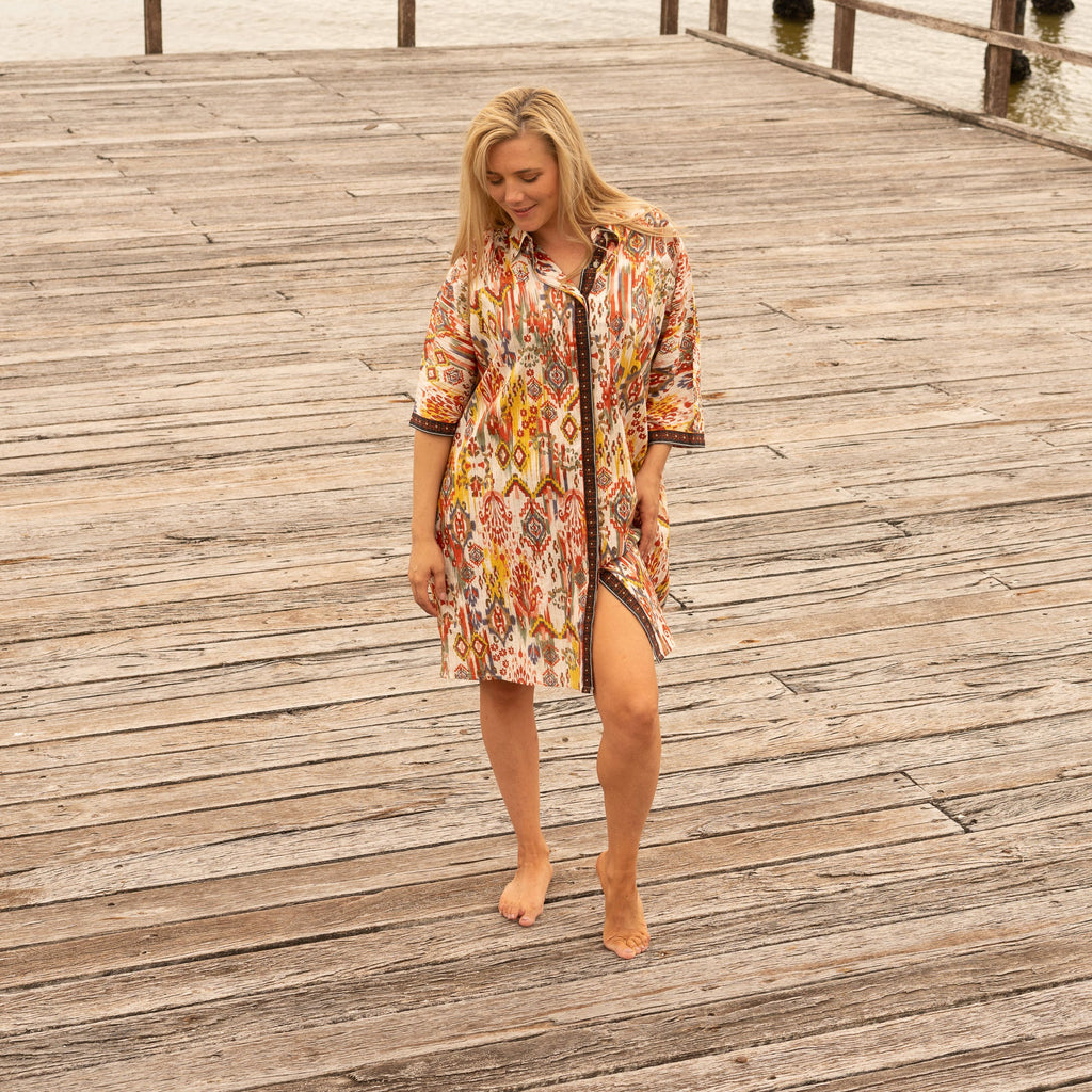 Wanderlust Ikat shirt dress crafted in handcrafted cotton with warm earth tones