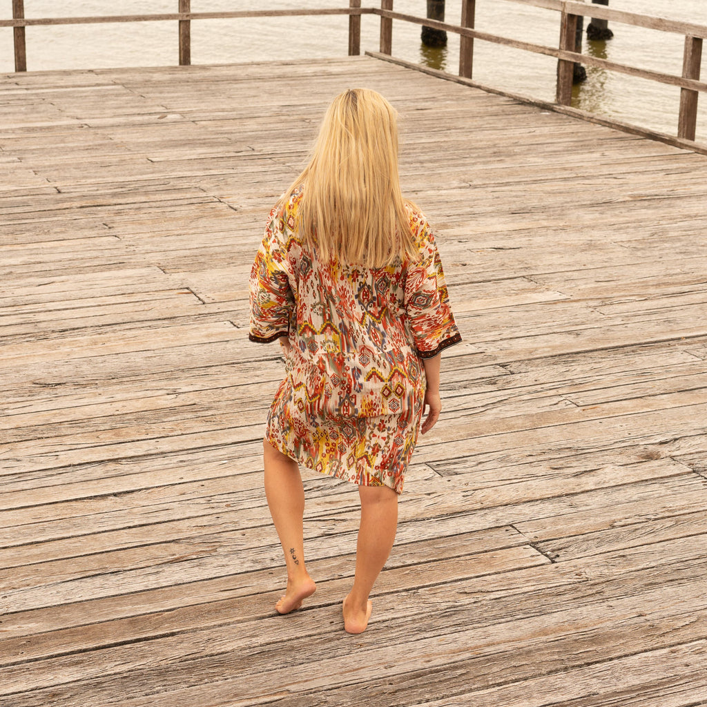 Elegant Ikat shirt dress in handcrafted cotton with natural earth tone palette