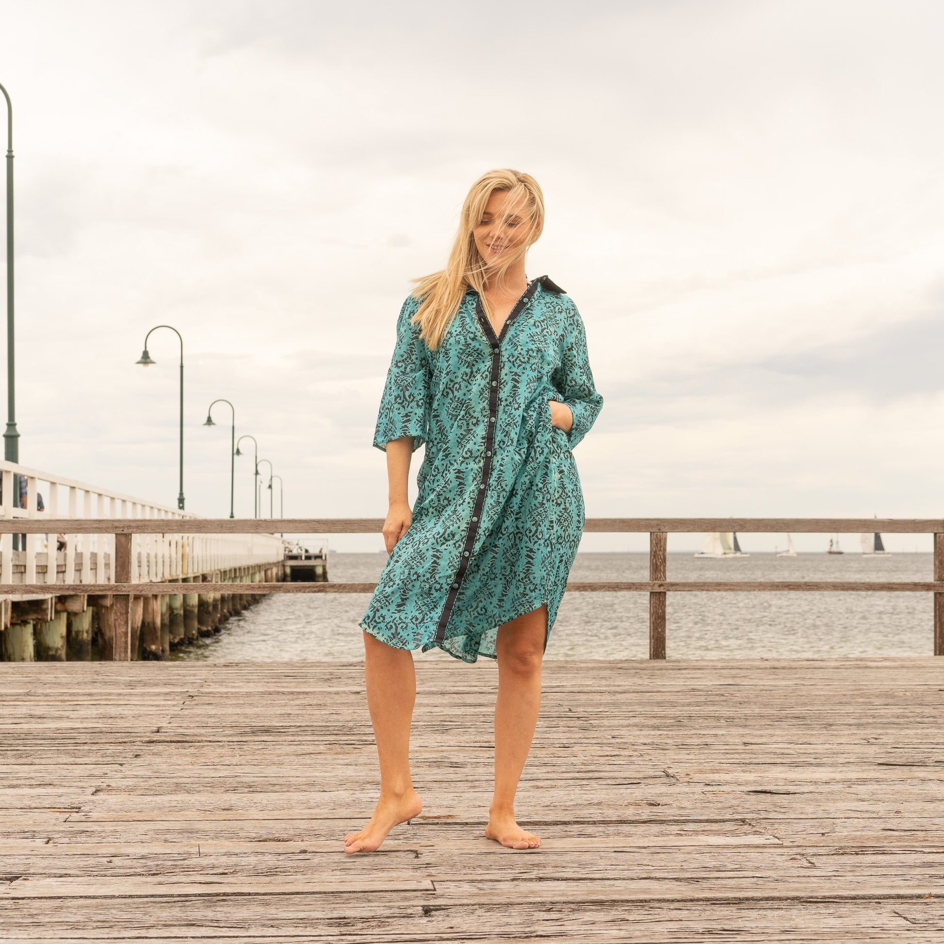 Handcrafted Teal Mirage one size shirt dress for everyday boho style