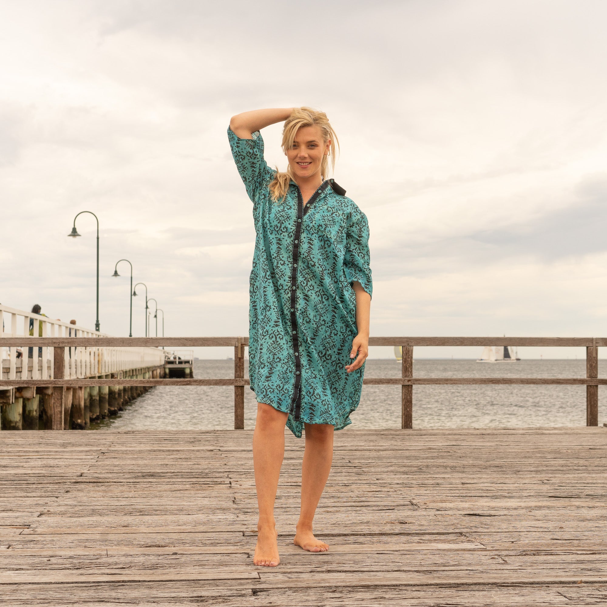 Teal Mirage handmade shirt dress in one size with relaxed boho fit