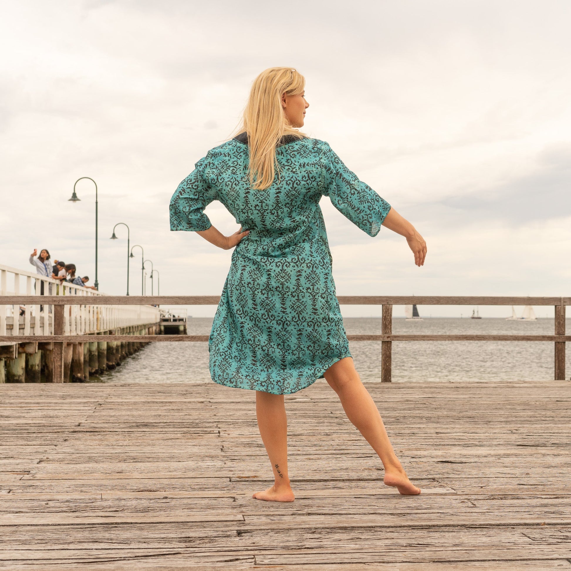 Elegant Teal Mirage handmade shirt dress designed in a one size fit