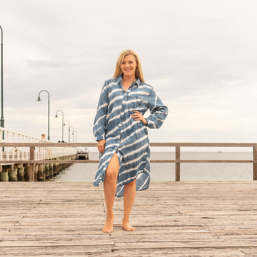 Ocean Drift indigo blue hand dyed cotton maxi shirt dress