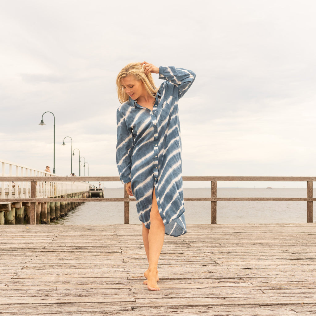 Hand dyed indigo blue cotton shirt dress with relaxed maxi silhouette
