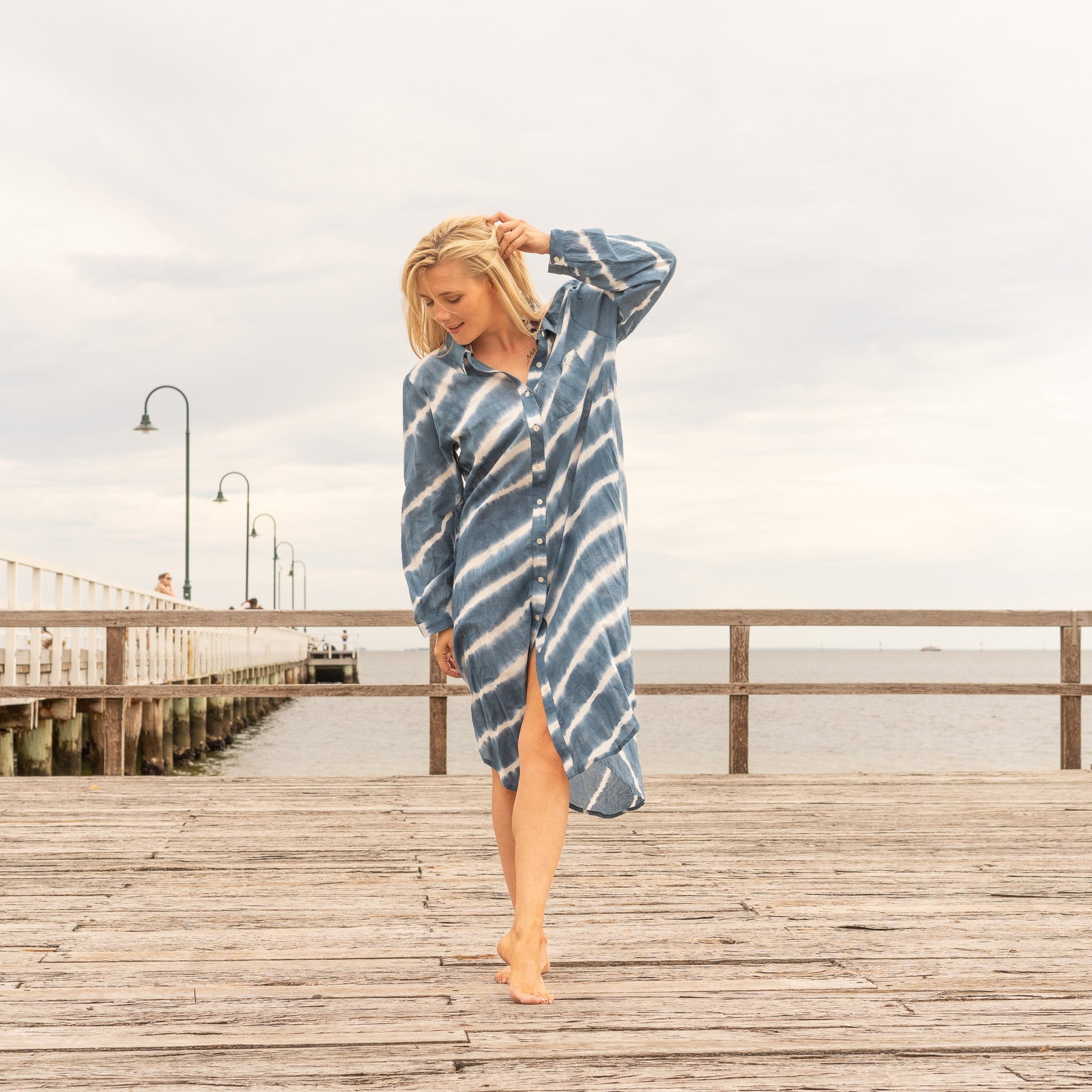 Hand dyed indigo blue cotton shirt dress with relaxed maxi silhouette