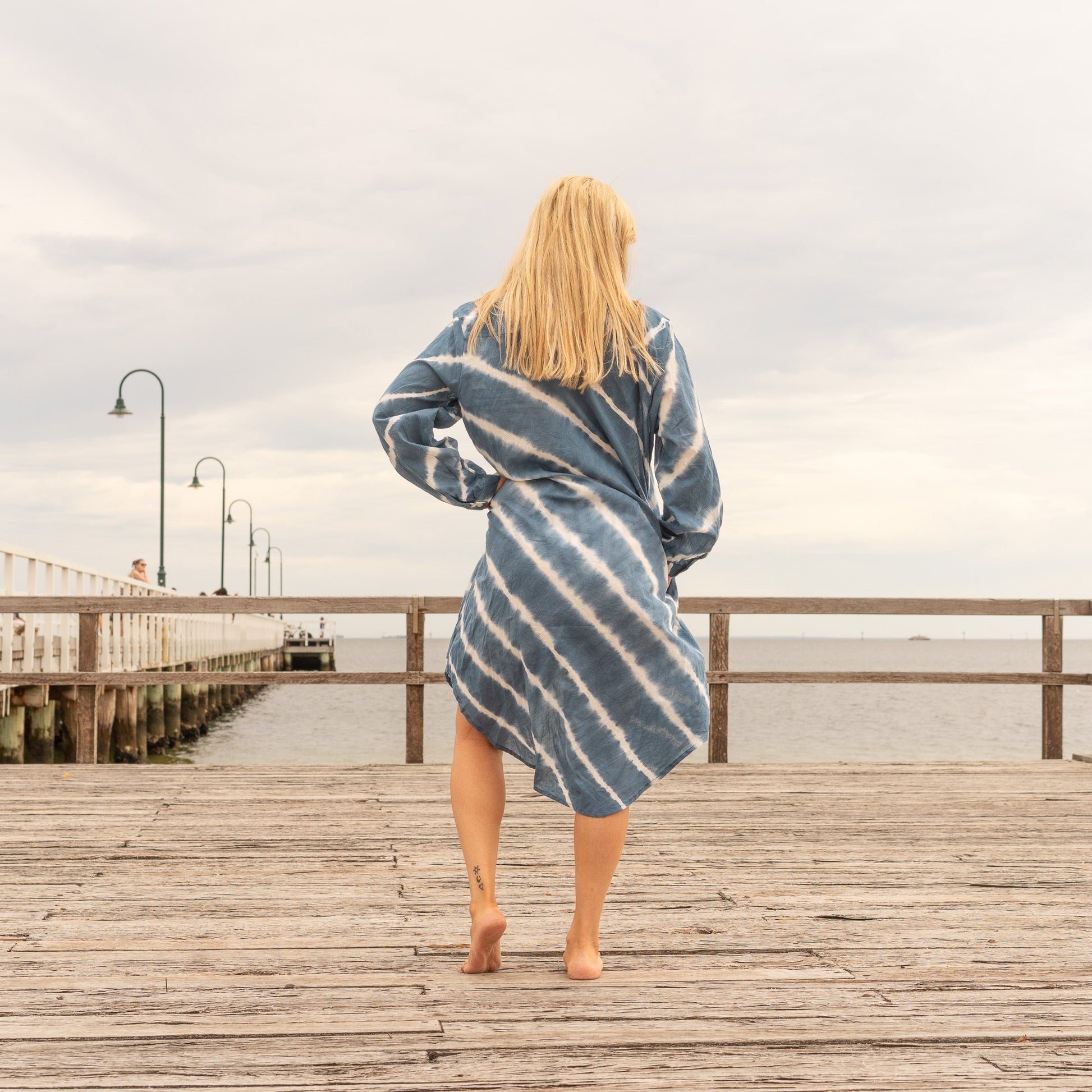 Elegant indigo blue hand dyed cotton shirt dress for boho style