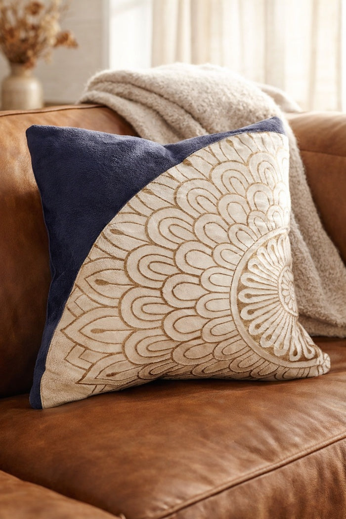Blue and cream mandala leather cowhide cushion with artistic design for glam boho home decor