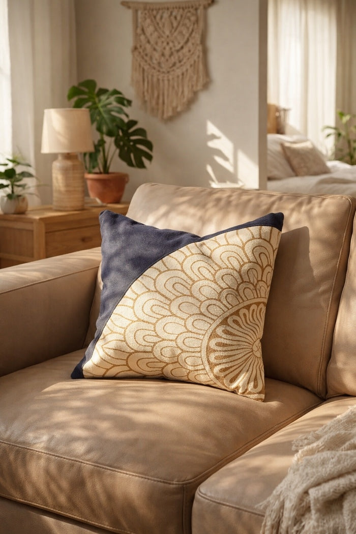 Handcrafted blue & cream mandala cowhide leather cushion for bohemian and rustic interiors