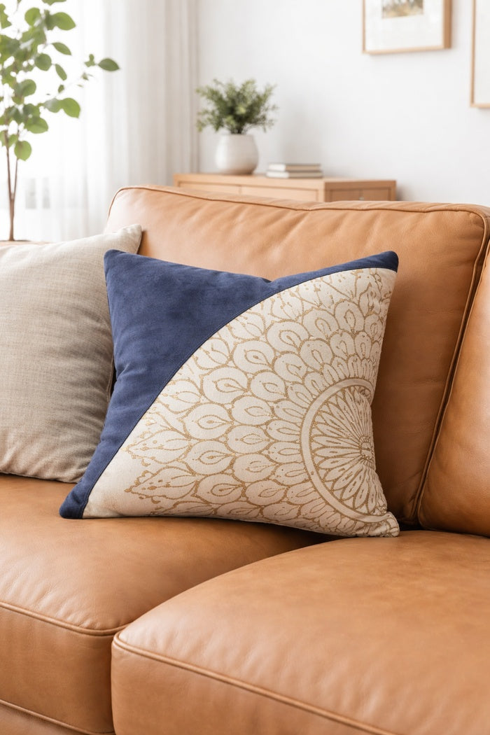 Premium mandala cowhide throw pillow in blue and cream leather for stylish home styling
