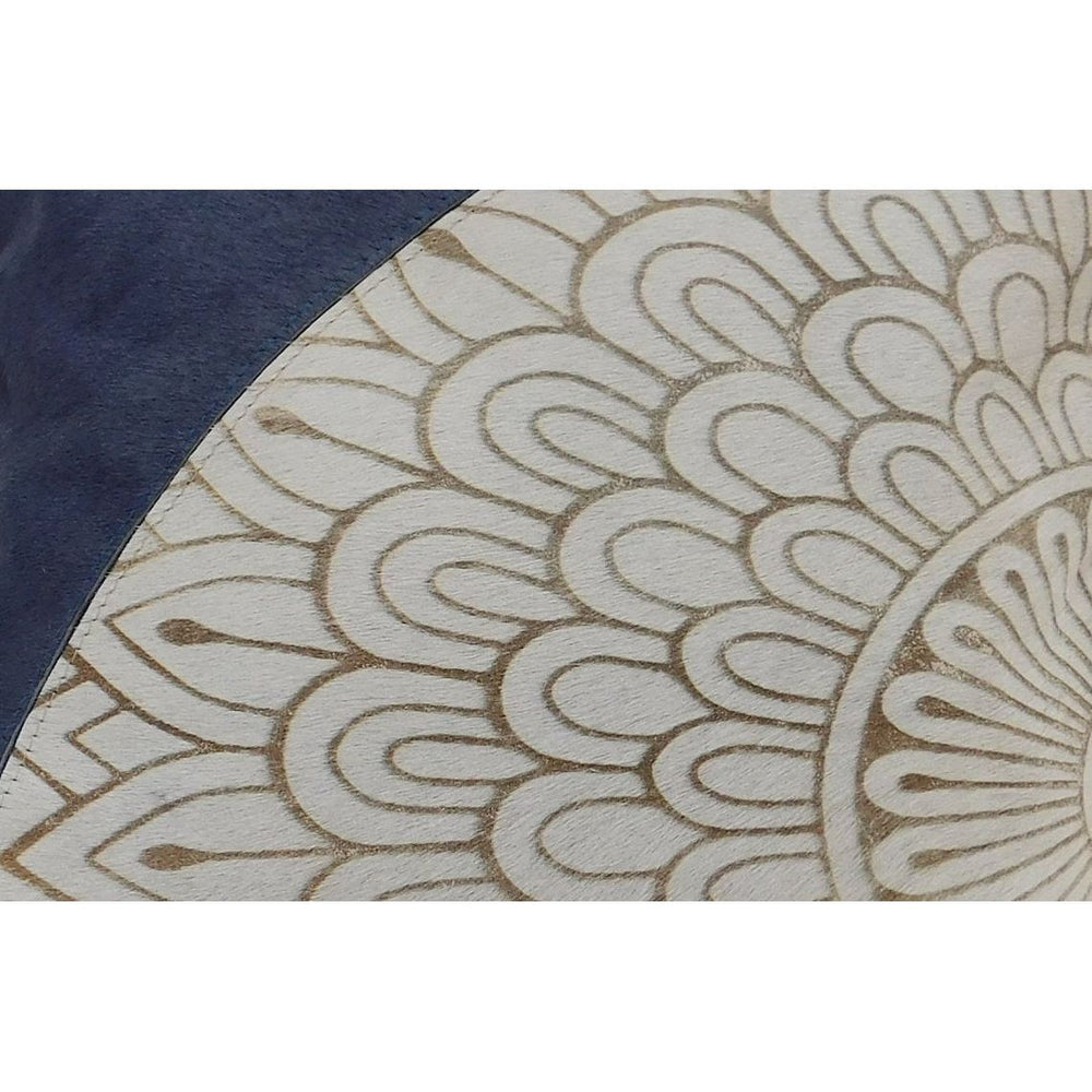 Luxury mandala cowhide leather cushion in blue & cream for modern and artistic interiors